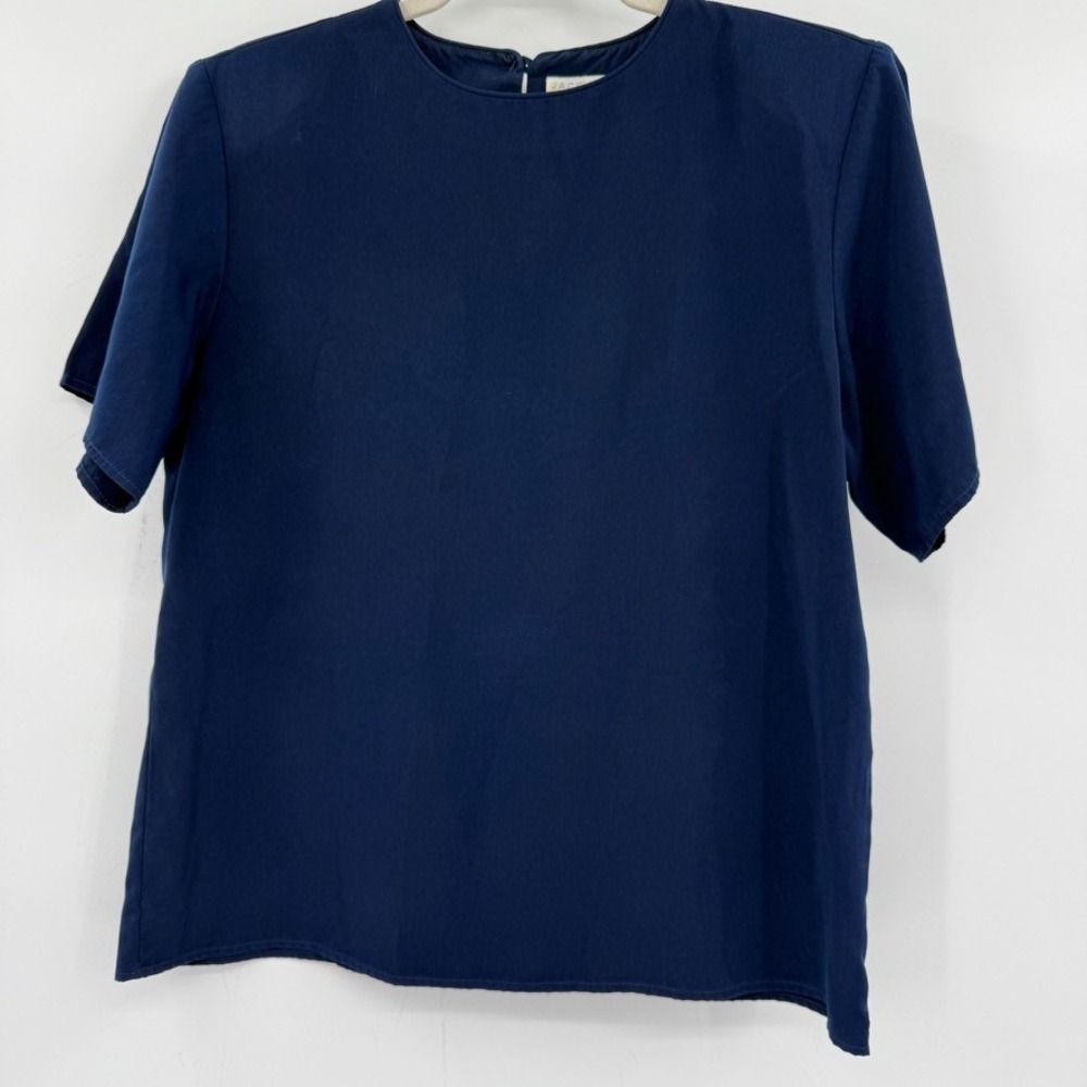 VTG Jack Mulqueen Womens Minimalist Top Medium Navy Preppy‎ Blouse Short Sleeve